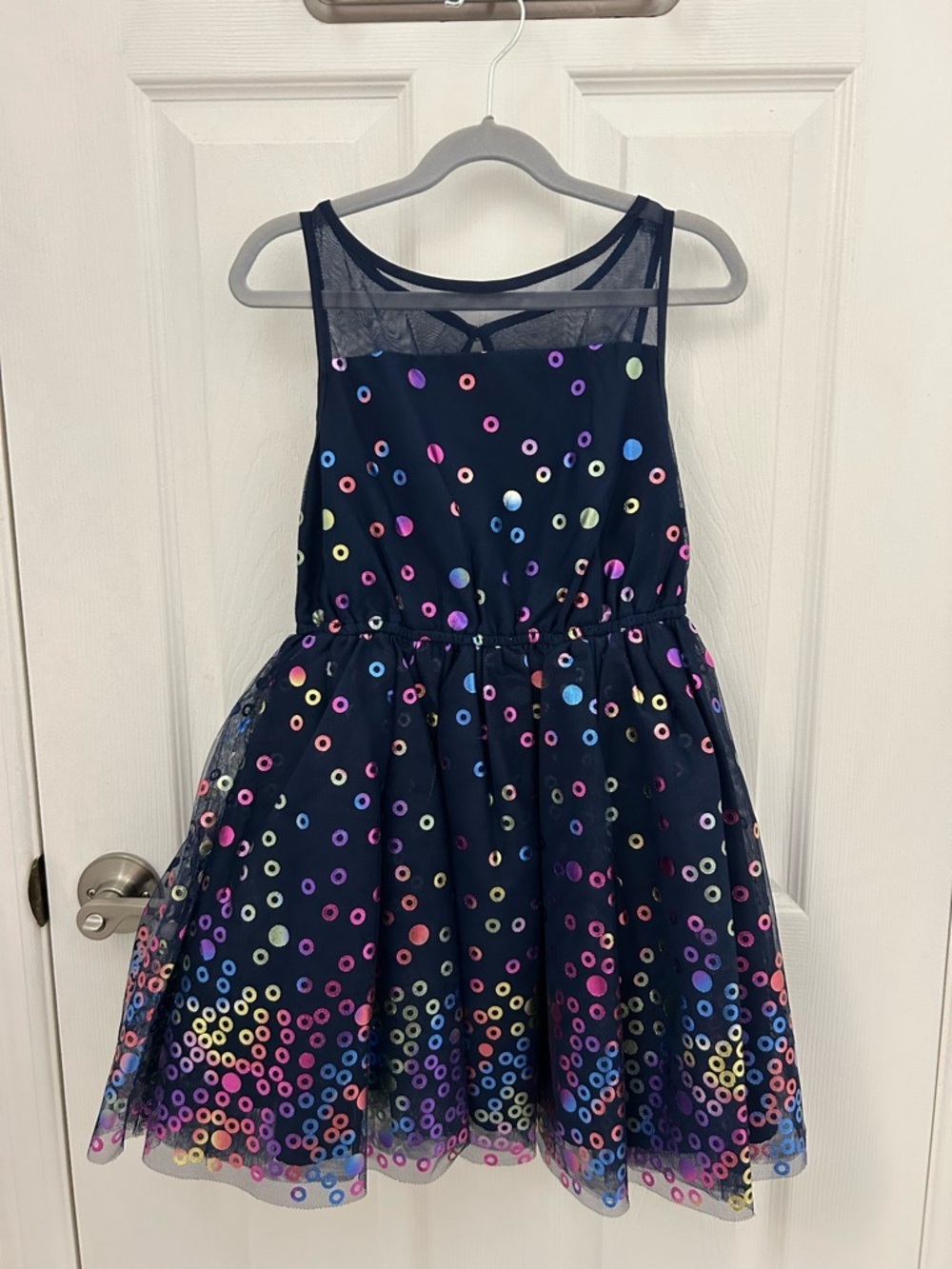 Navy Tulle Dress with Iridescent Polka Dots, Sz 7-8